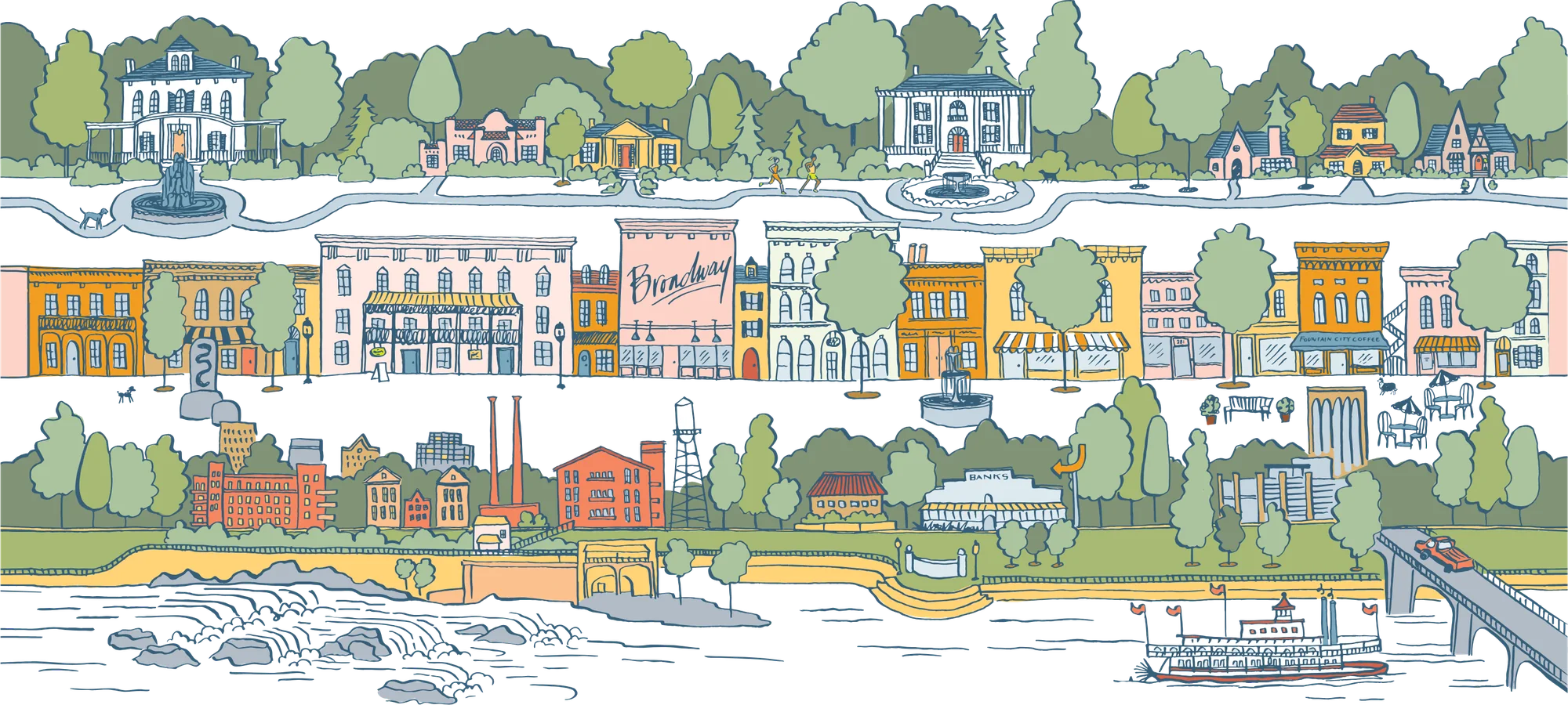 Illustration of Columbus, Georgia: the historic district, Broadway and the Chattahoochee riverfront
